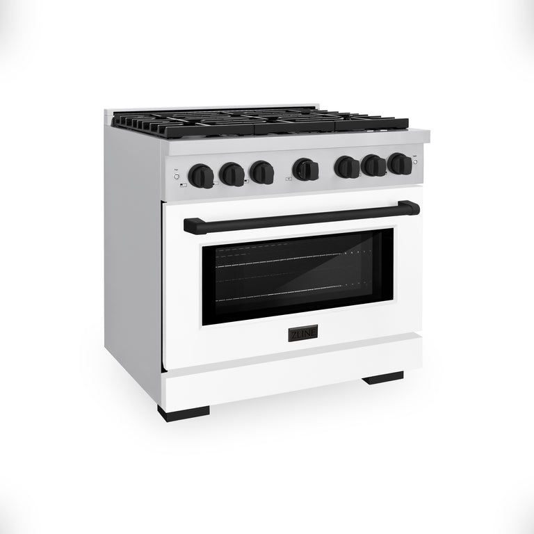 ZLINE Autograph Package - 36 In. Gas Range, Range Hood, Dishwasher in White Matte with Matte Black Accents, 3AKP-RGWMRHDWM36-MB