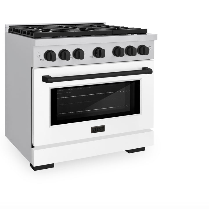 ZLINE Autograph 36" 5.2 cu. ft. Paramount Gas Range with Convection Gas Oven in Stainless Steel with White Matte Door and Matte Black Accents, SGRZ-WM-36-MB