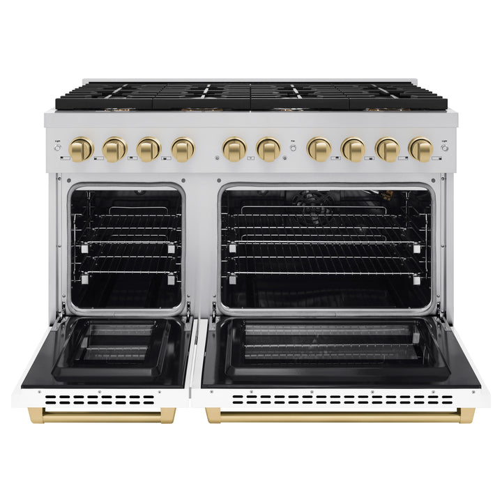 ZLINE Autograph 48" 6.7 cu. ft. Paramount Double Oven Gas Range in Stainless Steel with White Matte Doors and Bronze Accents, SGRZ-WM-48-CB