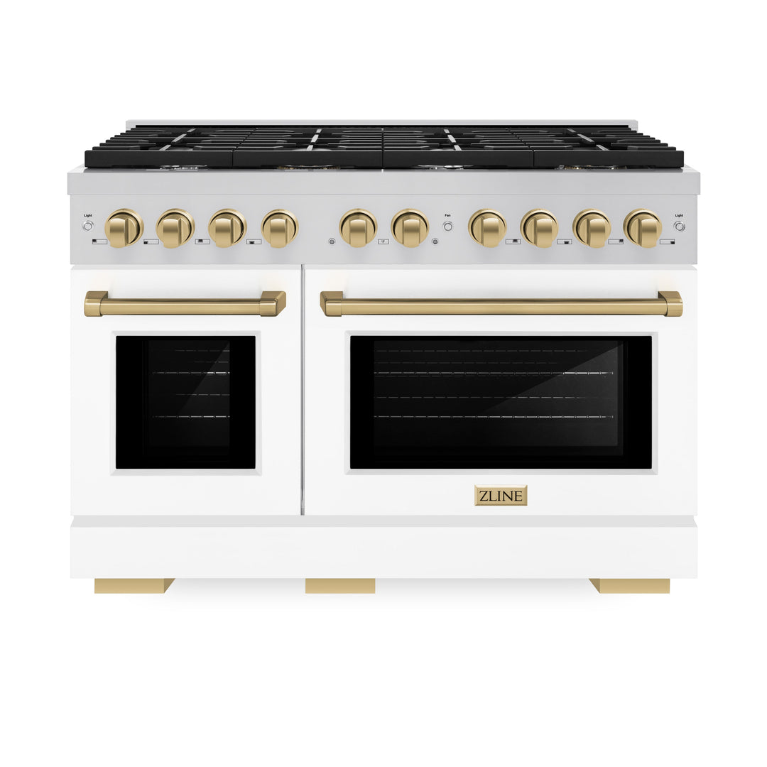 ZLINE Autograph 48" 6.7 cu. ft. Paramount Double Oven Gas Range in Stainless Steel with White Matte Doors and Bronze Accents, SGRZ-WM-48-CB