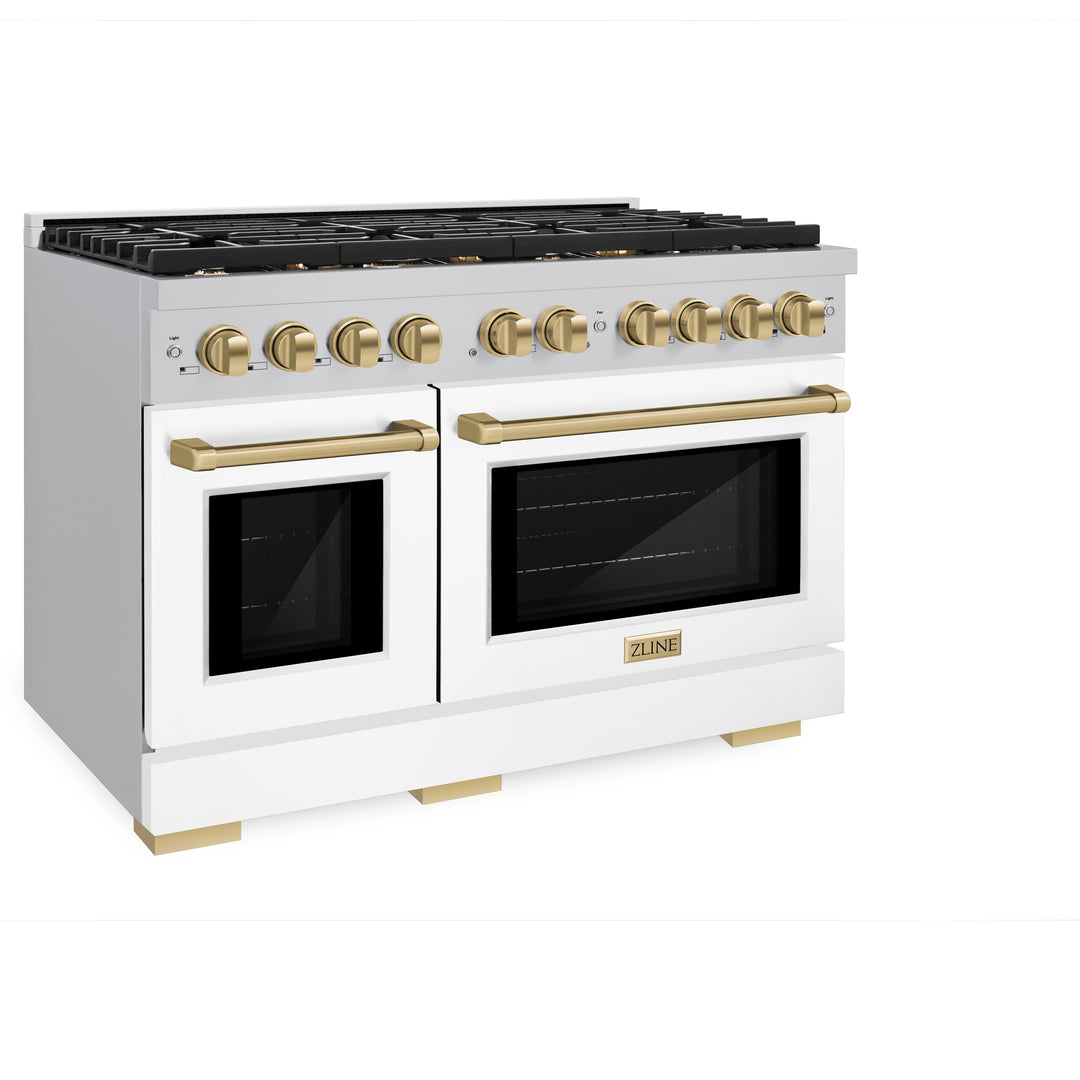 ZLINE Autograph 48" 6.7 cu. ft. Paramount Double Oven Gas Range in Stainless Steel with White Matte Doors and Bronze Accents, SGRZ-WM-48-CB