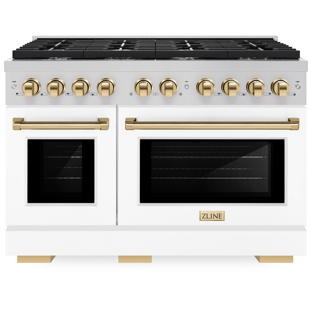 ZLINE Autograph 48" 6.7 cu. ft. Paramount Double Oven Gas Range in Stainless Steel with White Matte Doors and Gold Accents, SGRZ-WM-48-G