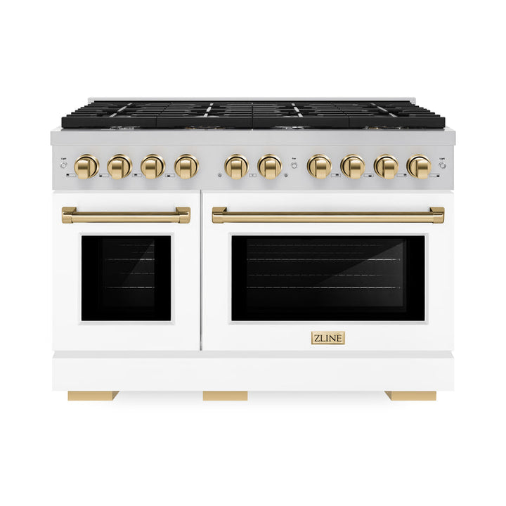 ZLINE Autograph Package - 48" Gas Range, Range Hood, Refrigerator, Dishwasher in Stainless Steel with Gold Accents