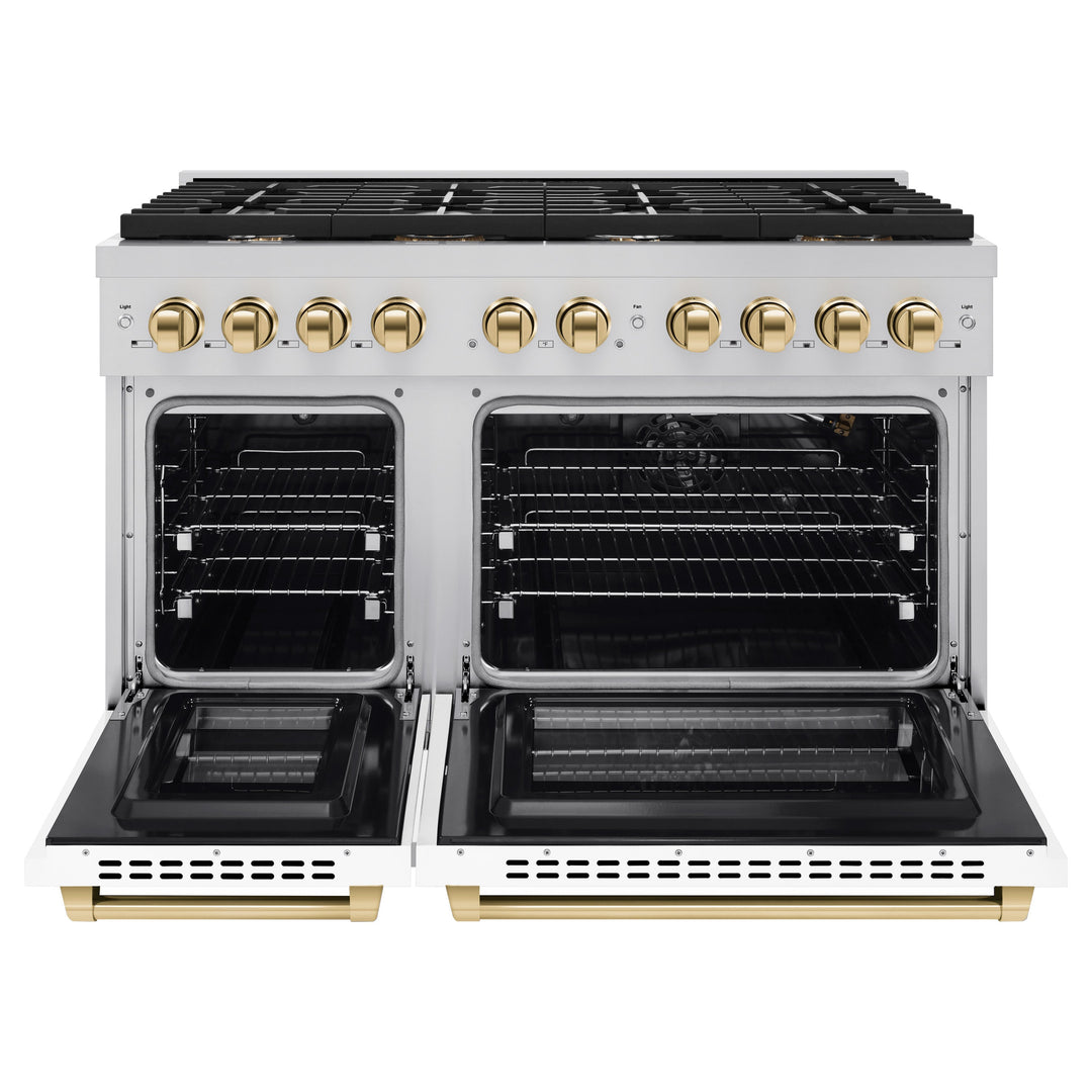 ZLINE Autograph 48" 6.7 cu. ft. Paramount Double Oven Gas Range in Stainless Steel with White Matte Doors and Gold Accents, SGRZ-WM-48-G