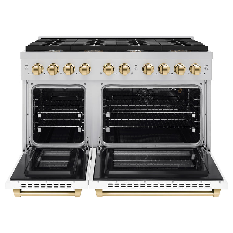 ZLINE Autograph Package - 48 In. Gas Range, Range Hood, Refrigerator, Dishwasher with Gold Accents, 4KAPR-RGWMRHDWM48-G