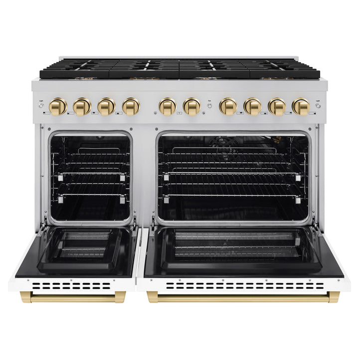 ZLINE Autograph Package - 48 In. Gas Range, Range Hood and Dishwasher in with White Matte Door and Gold Accents, 3AKPR-RGSWMRHDWM48-G