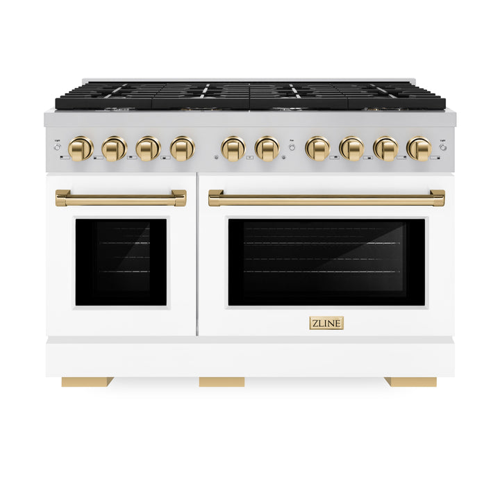 ZLINE Autograph 48" 6.7 cu. ft. Paramount Double Oven Gas Range in Stainless Steel with White Matte Doors and Gold Accents, SGRZ-WM-48-G