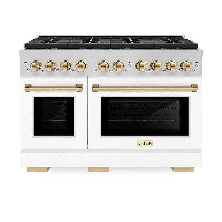 ZLINE Autograph Package - 48 In. Gas Range, Range Hood and Dishwasher in with White Matte Door and Gold Accents, 3AKPR-RGSWMRHDWM48-G