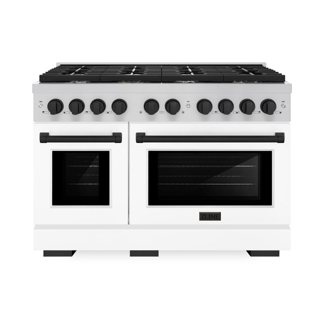 ZLINE Autograph 48" 6.7 cu. ft. Paramount Double Oven Gas Range in Stainless Steel with White Matte Doors and Matte Black Accents, SGRZ-WM-48-MB