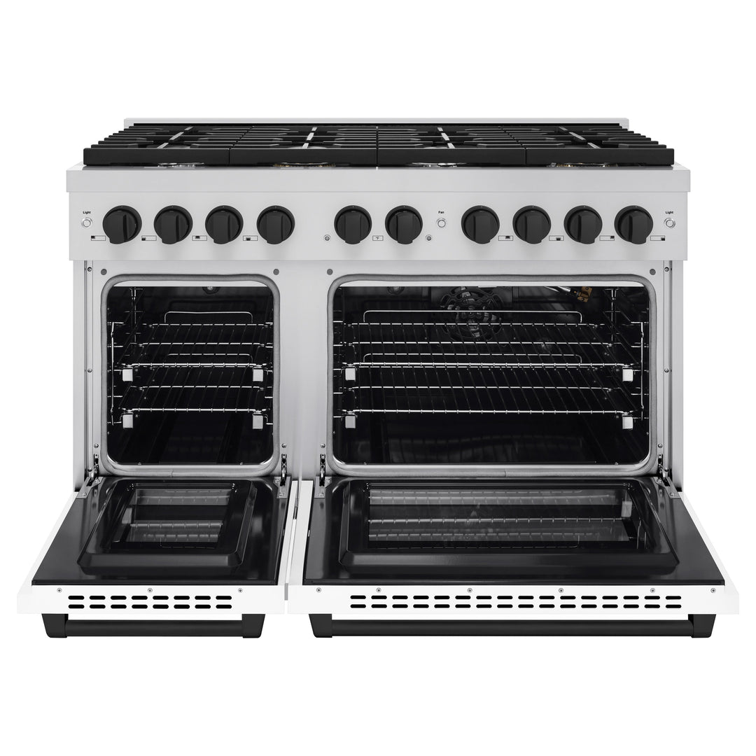 ZLINE Autograph 48" 6.7 cu. ft. Paramount Double Oven Gas Range in Stainless Steel with White Matte Doors and Matte Black Accents, SGRZ-WM-48-MB