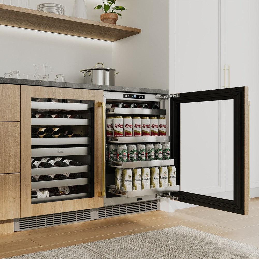 ZLINE Autograph Edition 24 in. Touchstone 151 Can Beverage Fridge With Panel Ready Glass Door And Polished Gold Handle (RBSPOZ-24-G)