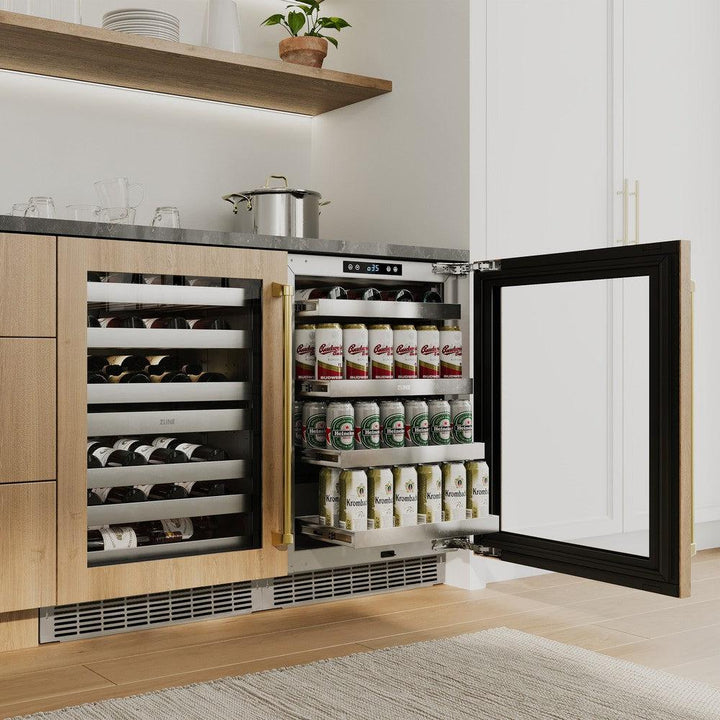 ZLINE Autograph Edition 24 in. Touchstone Dual Zone 44 Bottle Wine Cooler With Panel Ready Glass Door And Polished Gold Handle (RWDPOZ-24-G)