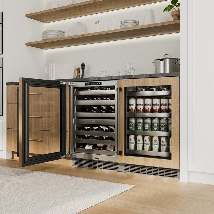 ZLINE Autograph Edition 24 in. Touchstone Dual Zone 44 Bottle Wine Cooler With Panel Ready Glass Door And Matte Black Handle (RWDPOZ-24-MB)