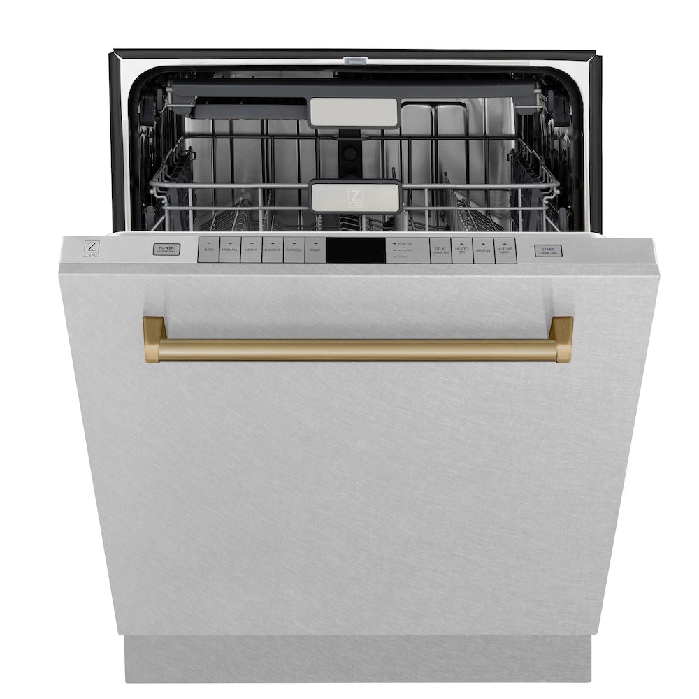 ZLINE Autograph Edition 24 in. Monument Series 3rd Rack Top Touch Control Tall Tub Dishwasher with Satin Stainless Steel Panel and Champagne Bronze Handle, 45dBa (DWMTZ-SN-24-CB)