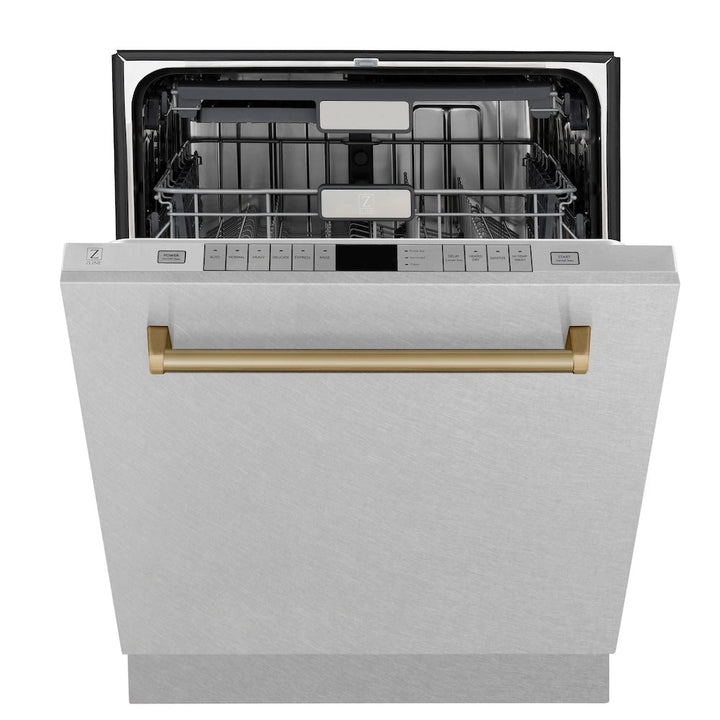 ZLINE Autograph Edition 24 in. Monument Series 3rd Rack Top Touch Control Tall Tub Dishwasher with Satin Stainless Steel Panel and Champagne Bronze Handle, 45dBa (DWMTZ-SN-24-CB)