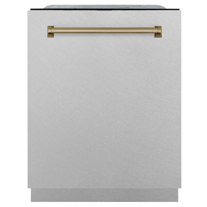 ZLINE Autograph Edition 24 in. Monument Series 3rd Rack Top Touch Control Tall Tub Dishwasher with Satin Stainless Steel Panel and Champagne Bronze Handle, 45dBa (DWMTZ-SN-24-CB)