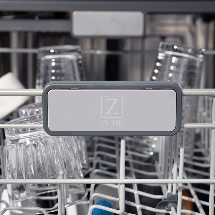 ZLINE Autograph Edition 24 in. Monument Series 3rd Rack Top Touch Control Tall Tub Dishwasher with Satin Stainless Steel Panel and Polished Gold Handle, 45dBa (DWMTZ-SN-24-G)