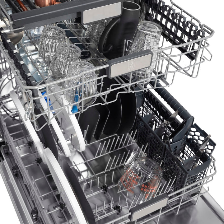 ZLINE Autograph Edition 24 in. Monument Series 3rd Rack Top Touch Control Tall Tub Dishwasher with Satin Stainless Steel Panel and Polished Gold Handle, 45dBa (DWMTZ-SN-24-G)