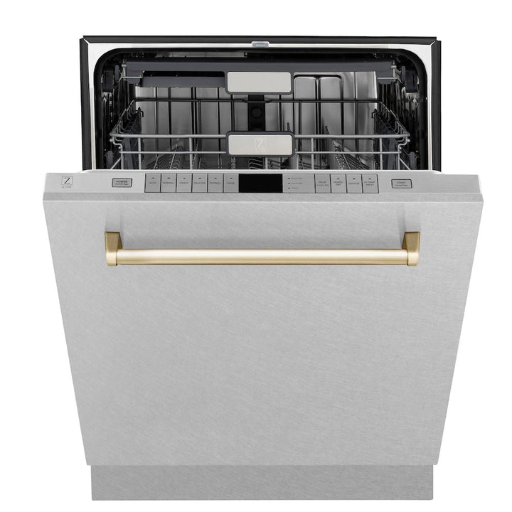 ZLINE Autograph Edition 24 in. Monument Series 3rd Rack Top Touch Control Tall Tub Dishwasher with Satin Stainless Steel Panel and Polished Gold Handle, 45dBa (DWMTZ-SN-24-G)