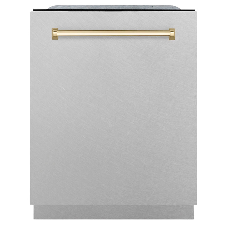 ZLINE Autograph Edition 24 in. Monument Series 3rd Rack Top Touch Control Tall Tub Dishwasher with Satin Stainless Steel Panel and Polished Gold Handle, 45dBa (DWMTZ-SN-24-G)