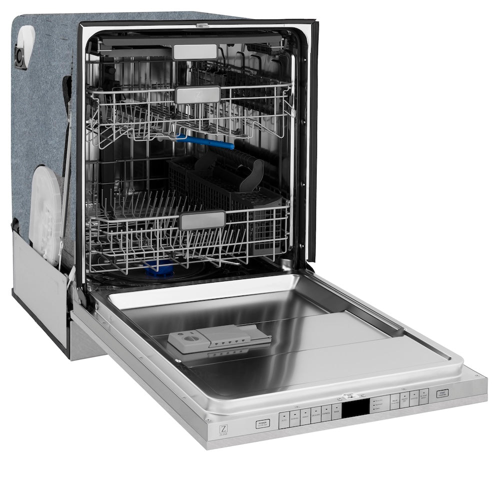 ZLINE Autograph Edition 24 in. Monument Series 3rd Rack Top Touch Control Tall Tub Dishwasher with Satin Stainless Steel Panel and Polished Gold Handle, 45dBa (DWMTZ-SN-24-G)