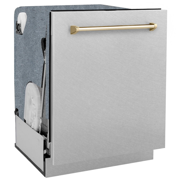 ZLINE Autograph Edition 24 in. Monument Series 3rd Rack Top Touch Control Tall Tub Dishwasher with Satin Stainless Steel Panel and Polished Gold Handle, 45dBa (DWMTZ-SN-24-G)
