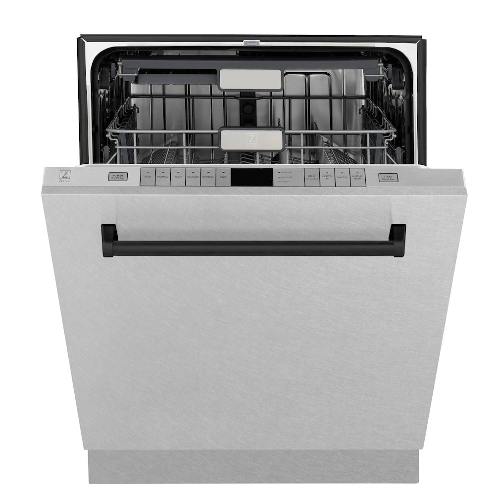 ZLINE Autograph Edition 24 in. Monument Series 3rd Rack Top Control Built-In Tall Tub Dishwasher with Satin Stainless Steel Panel and Matte Black Handle, 45dBa (DWMTZ-SN-24-MB)