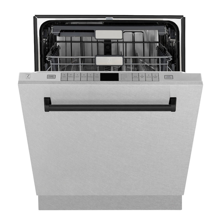 ZLINE Autograph Edition 24 in. Monument Series 3rd Rack Top Control Built-In Tall Tub Dishwasher with Satin Stainless Steel Panel and Matte Black Handle, 45dBa (DWMTZ-SN-24-MB)