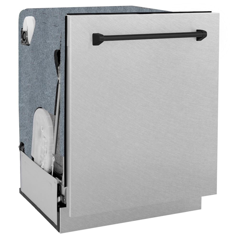 ZLINE Autograph Edition 24 in. Monument Series 3rd Rack Top Control Built-In Tall Tub Dishwasher with Satin Stainless Steel Panel and Matte Black Handle, 45dBa (DWMTZ-SN-24-MB)