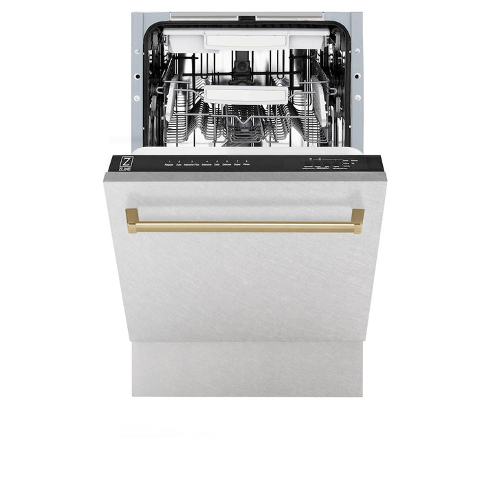 ZLINE Autograph Edition 18 in. Tallac Series 3rd Rack Top Control Built-In Dishwasher with Satin Stainless Steel Panel and Champagne Bronze Handle, 51dBa (DWVZ-SN-18-CB)