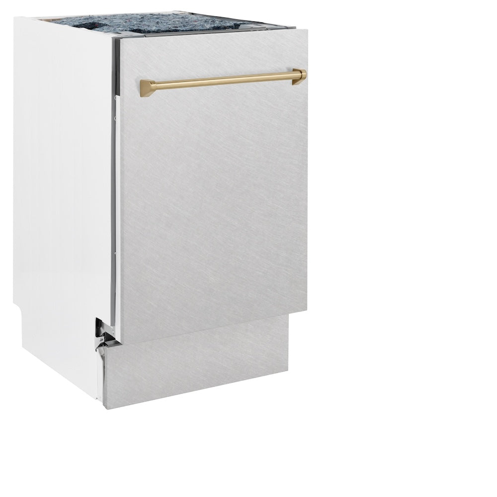 ZLINE Autograph Edition 18 in. Tallac Series 3rd Rack Top Control Built-In Dishwasher with Satin Stainless Steel Panel and Champagne Bronze Handle, 51dBa (DWVZ-SN-18-CB)
