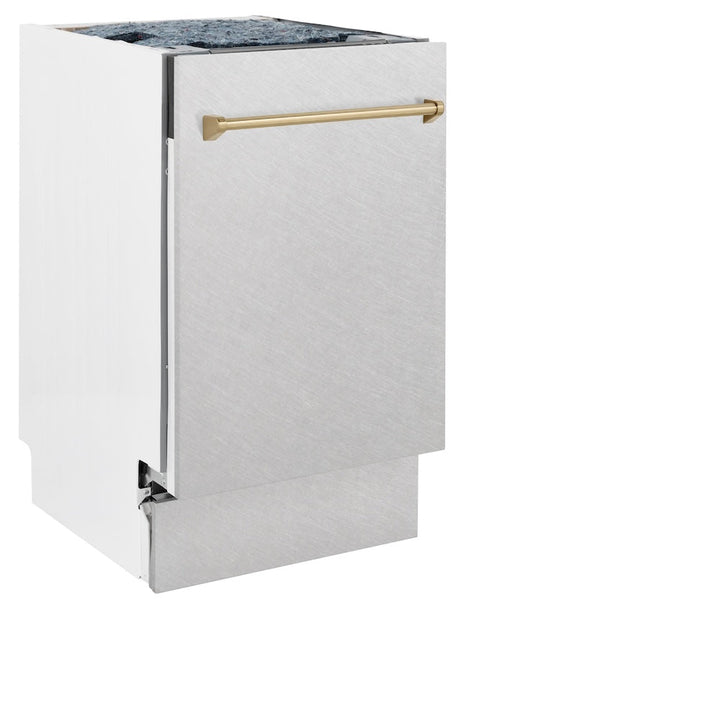 ZLINE Autograph Edition 18 in. Tallac Series 3rd Rack Top Control Built-In Dishwasher with Satin Stainless Steel Panel and Champagne Bronze Handle, 51dBa (DWVZ-SN-18-CB)