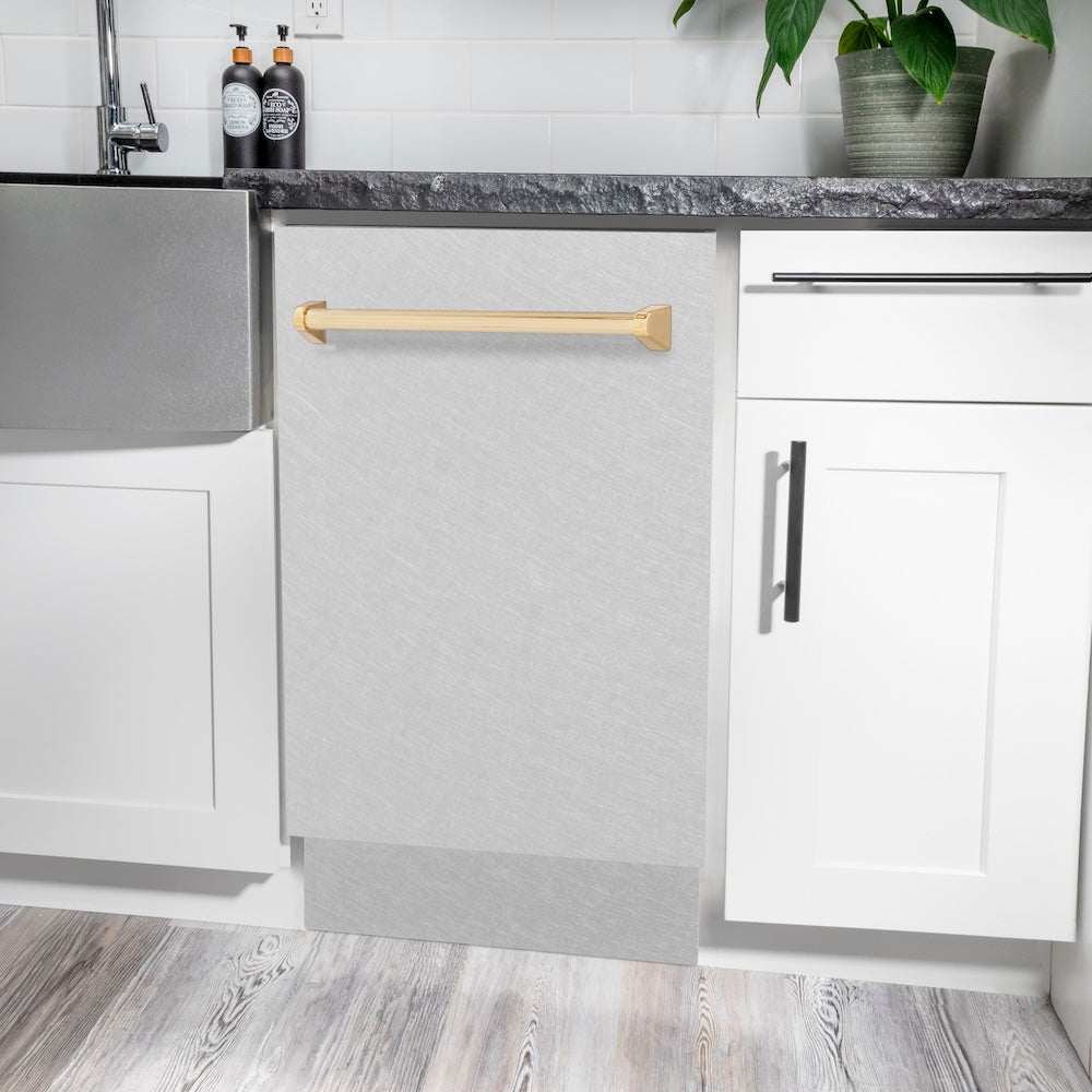 ZLINE Autograph Edition 18 in. Tallac Series 3rd Rack Top Control Built-In Dishwasher with Satin Stainless Steel Panel and Polished Gold Handle, 51dBa (DWVZ-SN-18-G)