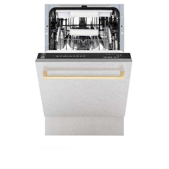 ZLINE Autograph Edition 18 in. Tallac Series 3rd Rack Top Control Built-In Dishwasher with Satin Stainless Steel Panel and Polished Gold Handle, 51dBa (DWVZ-SN-18-G)