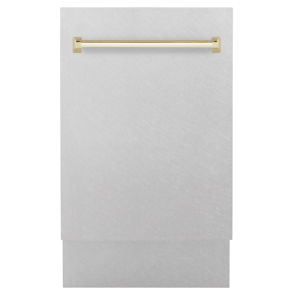ZLINE Autograph Edition 18 in. Tallac Series 3rd Rack Top Control Built-In Dishwasher with Satin Stainless Steel Panel and Polished Gold Handle, 51dBa (DWVZ-SN-18-G)