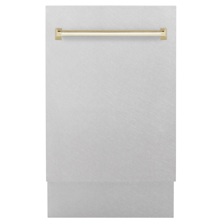 ZLINE Autograph Edition 18 in. Tallac Series 3rd Rack Top Control Built-In Dishwasher with Satin Stainless Steel Panel and Polished Gold Handle, 51dBa (DWVZ-SN-18-G)