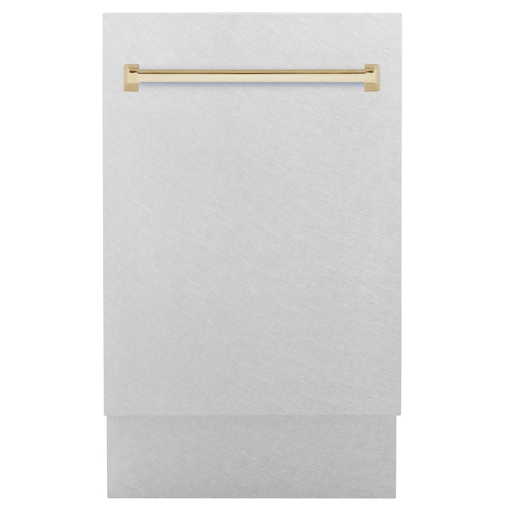 ZLINE Autograph Edition 18 in. Tallac Series 3rd Rack Top Control Built-In Dishwasher with Satin Stainless Steel Panel and Polished Gold Handle, 51dBa (DWVZ-SN-18-G)