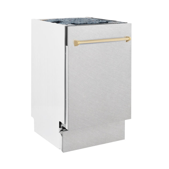 ZLINE Autograph Edition 18 in. Tallac Series 3rd Rack Top Control Built-In Dishwasher with Satin Stainless Steel Panel and Polished Gold Handle, 51dBa (DWVZ-SN-18-G)