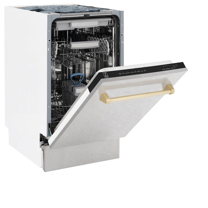 ZLINE Autograph Edition 18 in. Tallac Series 3rd Rack Top Control Built-In Dishwasher with Satin Stainless Steel Panel and Polished Gold Handle, 51dBa (DWVZ-SN-18-G)