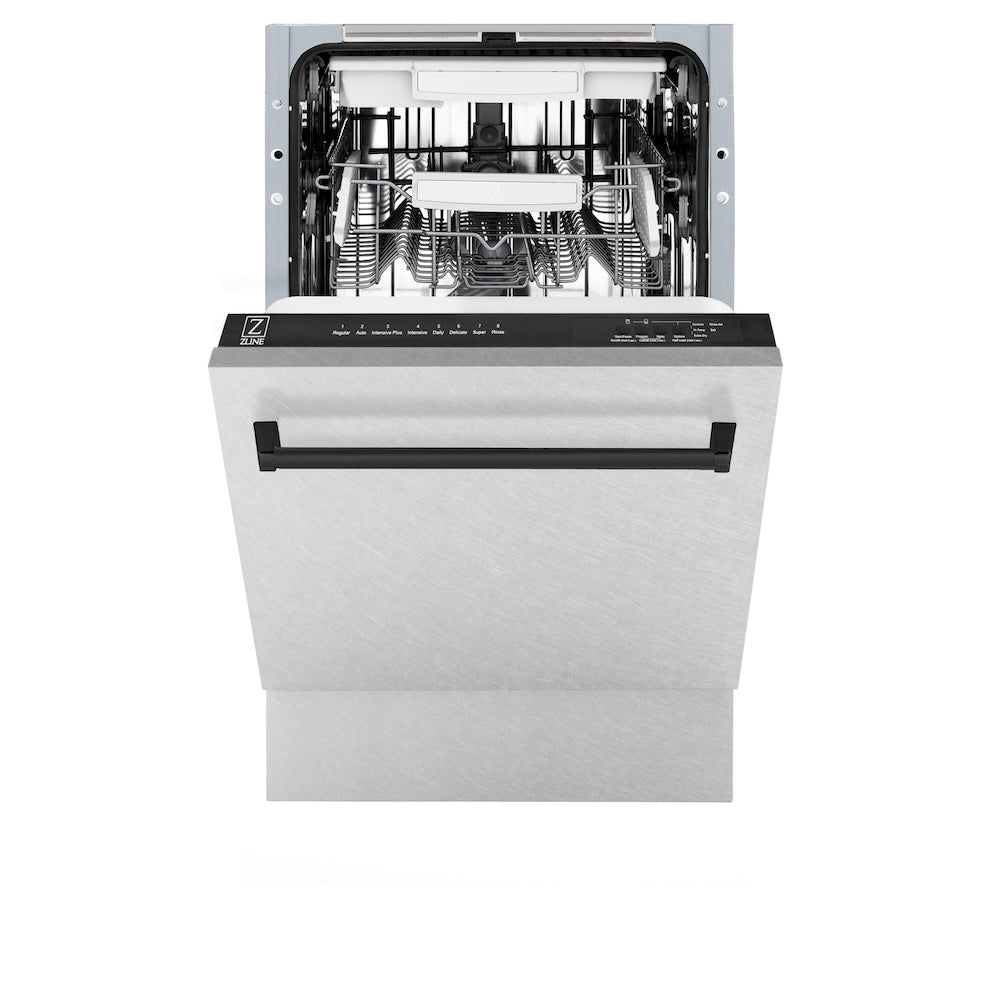ZLINE Autograph Edition 18 in. Tallac Series 3rd Rack Top Control Built-In Dishwasher with Satin Stainless Steel Panel and Matte Black Handle, 51dBa (DWVZ-SN-18-MB)