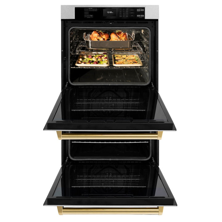 ZLINE Autograph Edition 30 in. Professional True Convection Double Wall Oven with Air Fry and Self Clean in Satin Stainless Steel with Polished Gold Handles (WADSZ-30-G)
