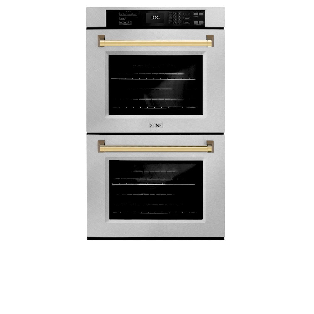 ZLINE Autograph Edition 30 in. Professional True Convection Double Wall Oven with Air Fry and Self Clean in Satin Stainless Steel with Polished Gold Handles (WADSZ-30-G)
