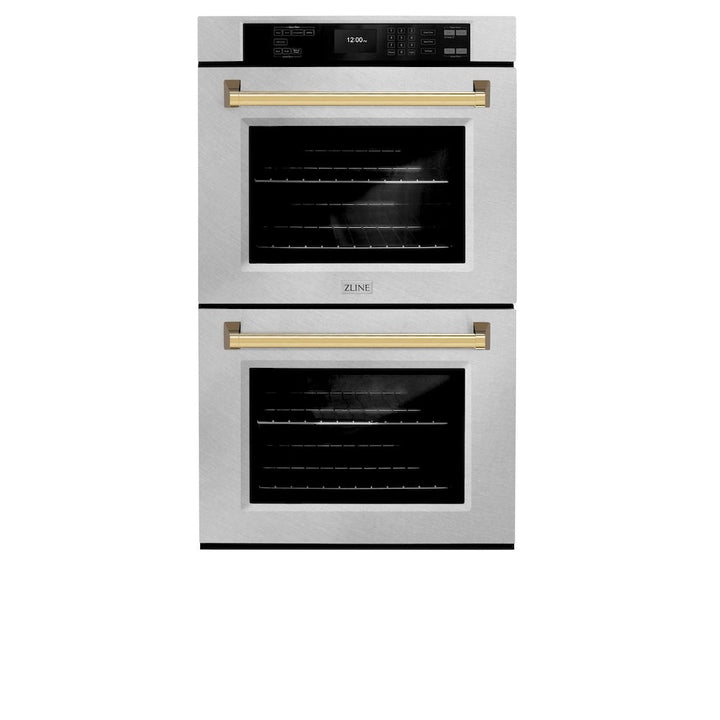 ZLINE Autograph Edition 30 in. Professional True Convection Double Wall Oven with Air Fry and Self Clean in Satin Stainless Steel with Polished Gold Handles (WADSZ-30-G)