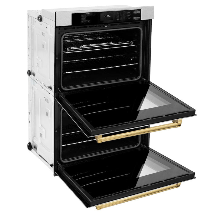 ZLINE Autograph Edition 30 in. Professional True Convection Double Wall Oven with Air Fry and Self Clean in Satin Stainless Steel with Polished Gold Handles (WADSZ-30-G)