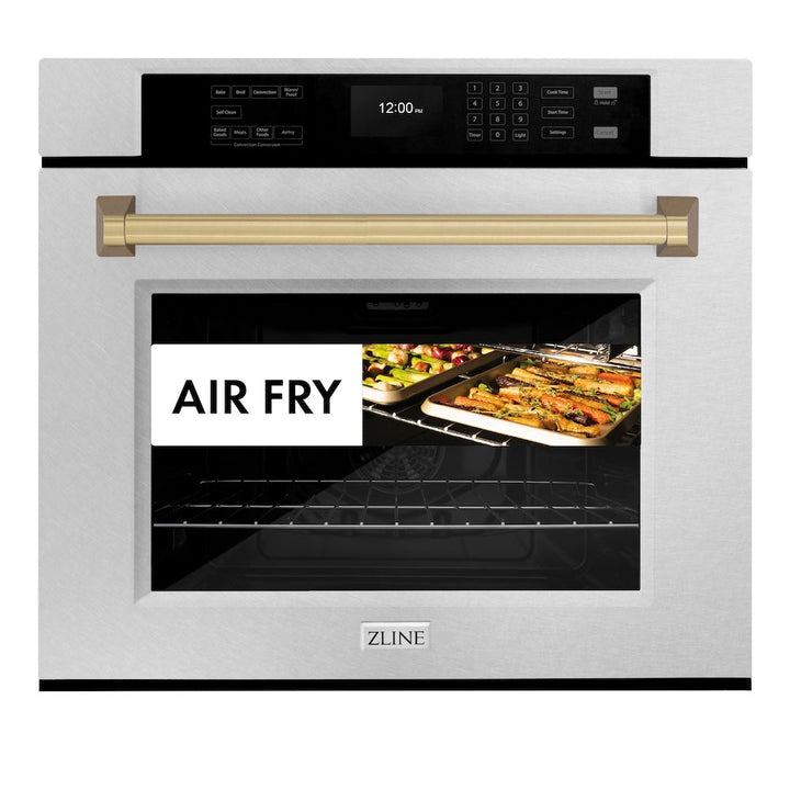 ZLINE Autograph Edition 30 in. Professional True Convection Single Wall Oven with Air Fry and Self Clean in Satin Stainless Steel with Champagne Bronze Handle (WASSZ-30-CB)