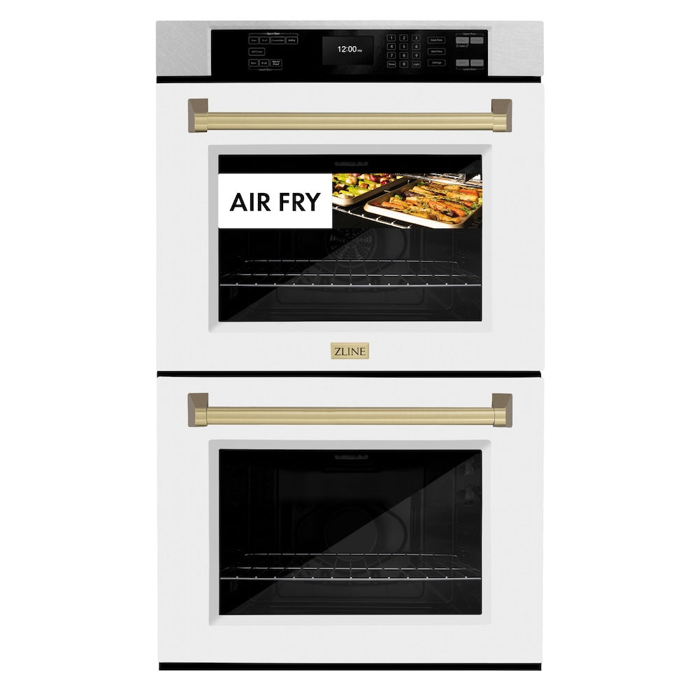 ZLINE Autograph Edition 30 in. Professional True Convection Double Wall Oven with Air Fry and Self Clean in Satin Stainless Steel with White Matte Doors and Champagne Bronze Handles (WADSZ-WM-30-CB)