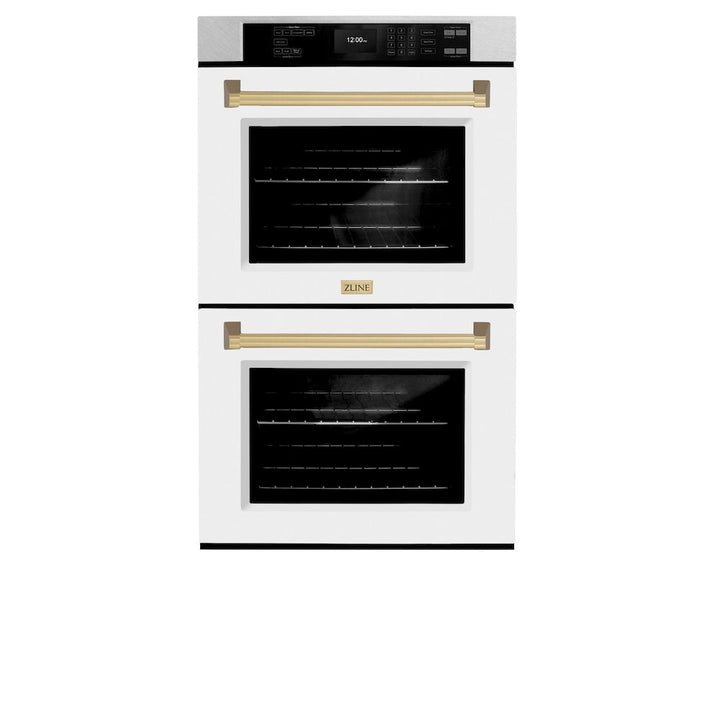 ZLINE Autograph Edition 30 in. Professional True Convection Double Wall Oven with Air Fry and Self Clean in Satin Stainless Steel with White Matte Doors and Champagne Bronze Handles (WADSZ-WM-30-CB)