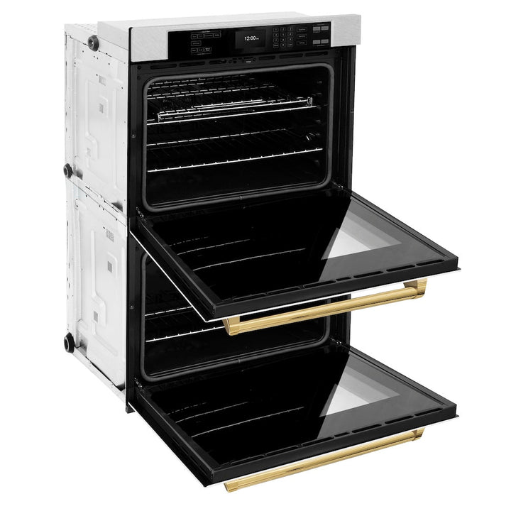 ZLINE Autograph Edition 30 in. Professional True Convection Double Wall Oven with Air Fry and Self Clean in Satin Stainless Steel with White Matte Doors and Polished Gold Handles (WADSZ-WM-30-G)