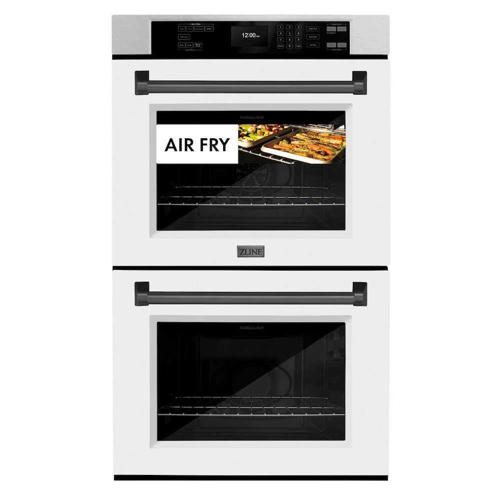 ZLINE Autograph Edition 30 in. Professional True Convection Double Wall Oven with Air Fry and Self Clean in Satin Stainless Steel with White Matte Doors and Matte Black Handles (WADSZ-WM-30-MB)