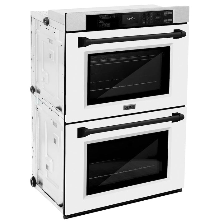 ZLINE Autograph Edition 30 in. Professional True Convection Double Wall Oven with Air Fry and Self Clean in Satin Stainless Steel with White Matte Doors and Matte Black Handles (WADSZ-WM-30-MB)